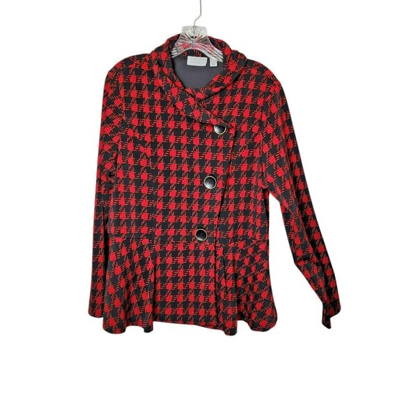 Susan Graver Red Black Plaid Jacket L Long Sleeve Button Front Peplum Hem - Picture 1 of 8
